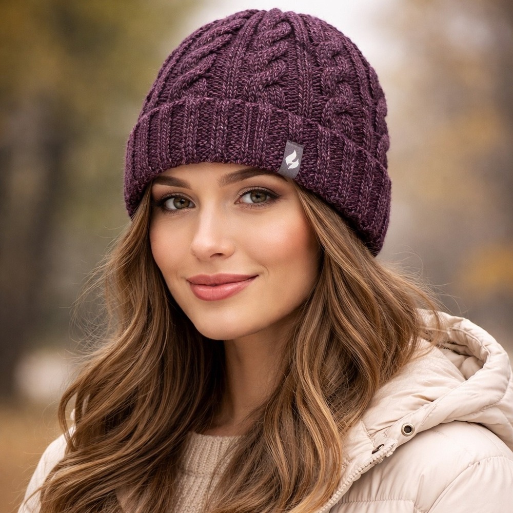 Heat Holders Womens Purple Cable Knit Beanie Thermal HeatWeaver Lined Winter Hat